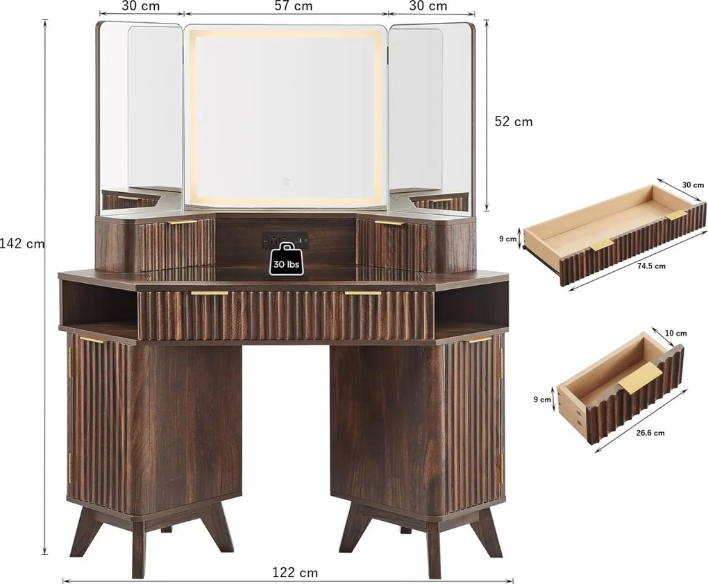 Masuta machiaj cu Oglinda LED si 3 Sertare pentru Cosmetice, Set Masa toaleta 122 cm, Maro, masuta cosmetica, vanity - SEM22