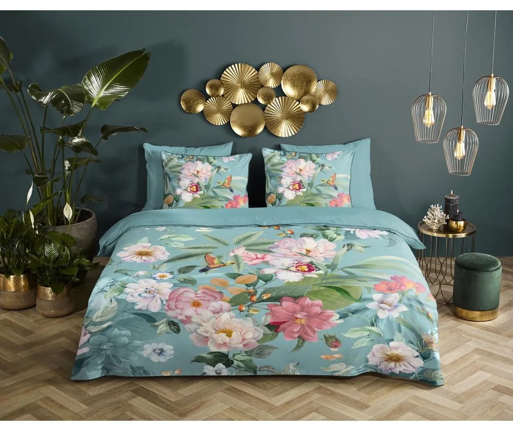 Lenjerie de pat albastră din bumbac satinat pentru pat de o persoană, extinsă 140x220 cm Fungi – Descanso