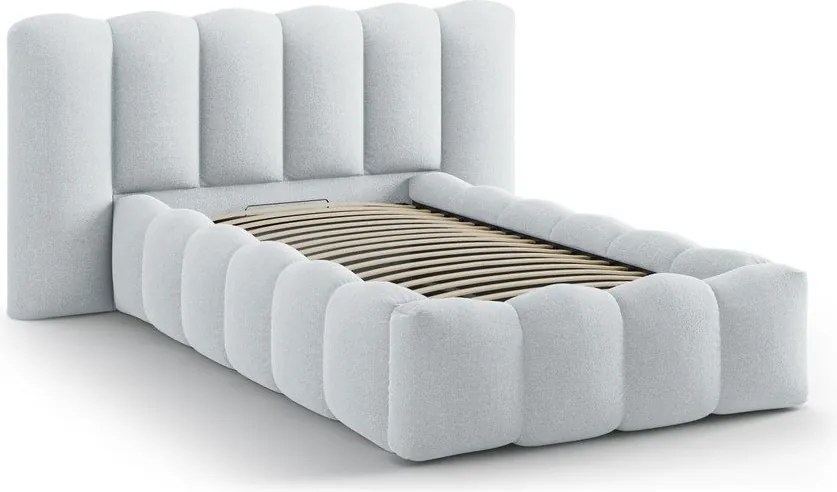 Pat gri deschis tapițat cu spațiu de depozitare cu somieră 90x200 cm Lupine – Micadoni