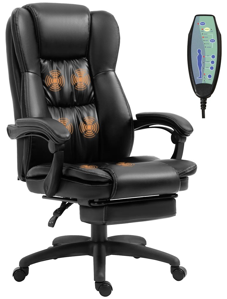 Vinsetto Scaun Birou cu Masaj, Înclinare, Piele Artificială, Negru, 68.5x68.5x119-127cm, Confort Sporit | Aosom Romania