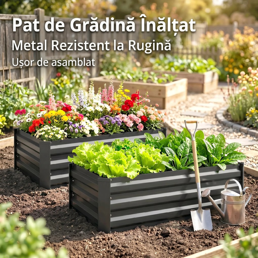 Outsunny Set de 2 Paturi Galvanizate Inaltate pentru Gradina, Cutie de Plantare Inaltata pentru Exterior, Usor de Asamblat, pentru Cultivarea Florilor