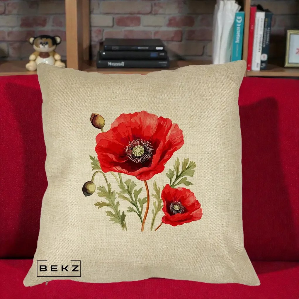 Perna Decorativa Maci Rosii Acuarela, 40x40 cm, Crem, Husa Detasabila, Perna Inclusa, BEKZ®