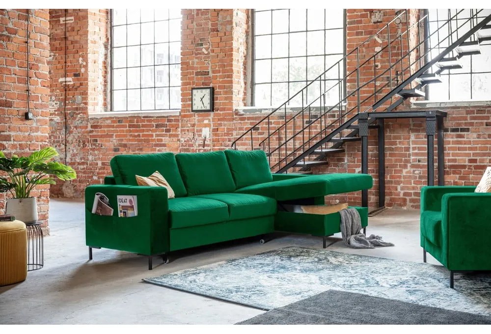 Colțar extensibil din catifea cu șezlong pe partea dreaptă Miuform Lofty Lilly, verde