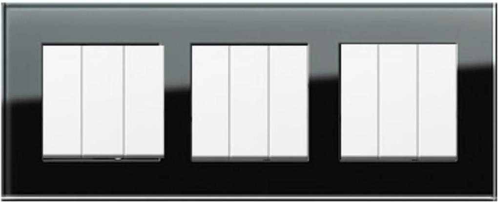 Trei întrerupătoare triple GIRA Esprit alb lucios cu ramă triplă sticlă neagră