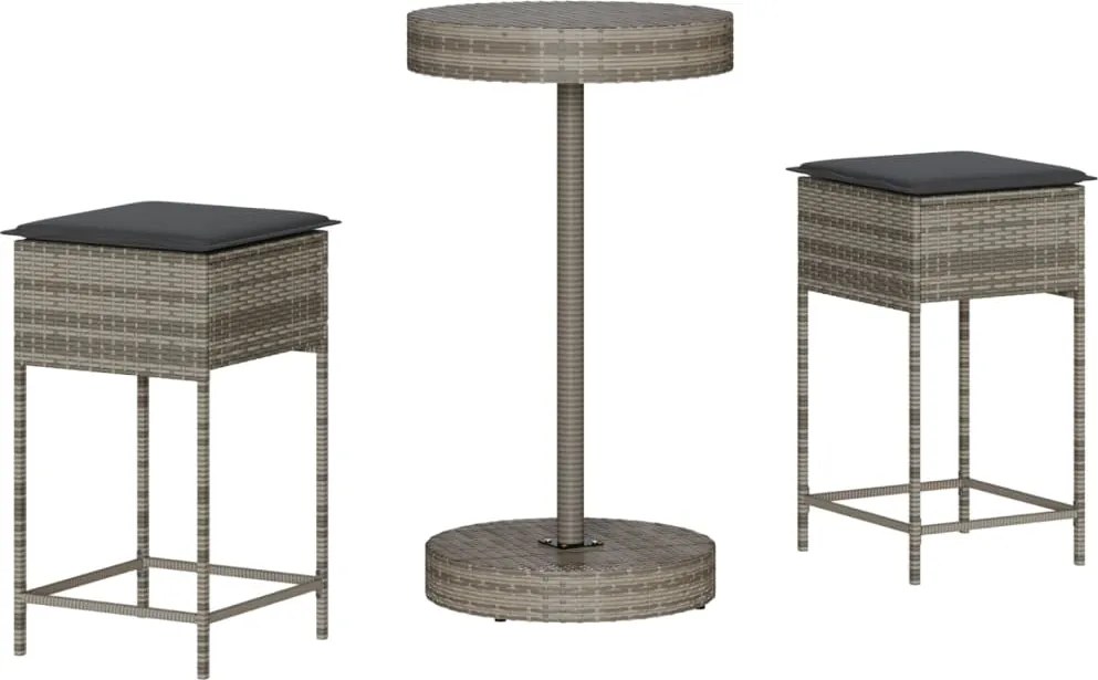 vidaXL Set mobilier bar de grădină, cu perne, 3 piese, gri, poliratan