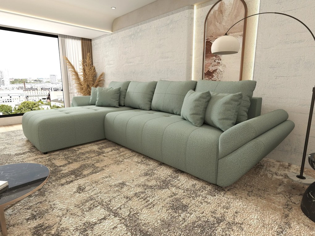 Colțar extensibil dumonde cu ladă de depozitare si sezut confortabil din spuma high-density, Berlin XL Enjoy Mint 350x185 cm