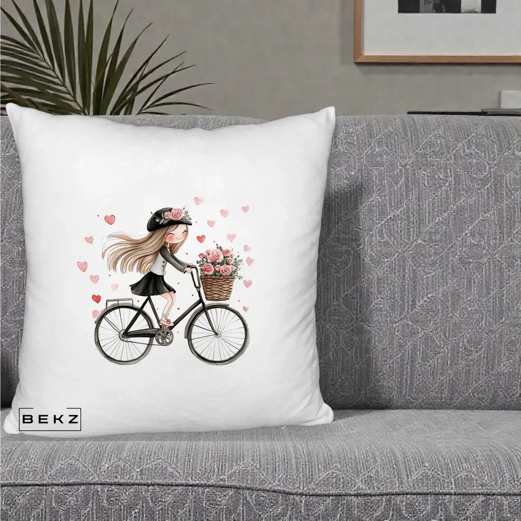 Perna Decorativa Fetita Kawaii pe Bicicleta cu Trandafiri si Inimioare, 40x40 cm, Alb Pufos, Husa Detasabila, Perna Inclusa, BEKZ®