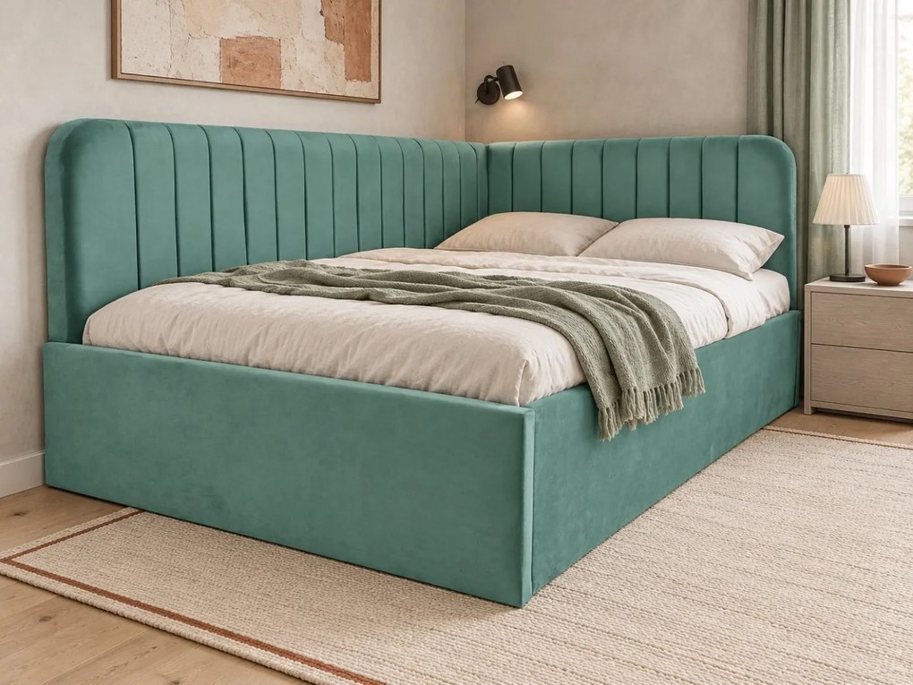 Pat tapițat pentru copii din catifea Elyra Line 140×200 cm, verde marin, colț stânga, cu ladă de depozitare