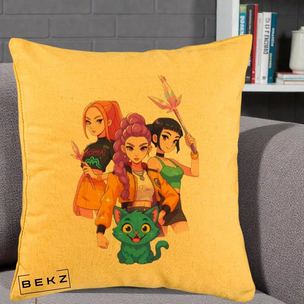 Perna Personalizata K-pop HUNTRX Trio cu Pisica si Cristale, 40x40 cm, Galben, Husa Detasabila, Perna Inclusa, BEKZ®