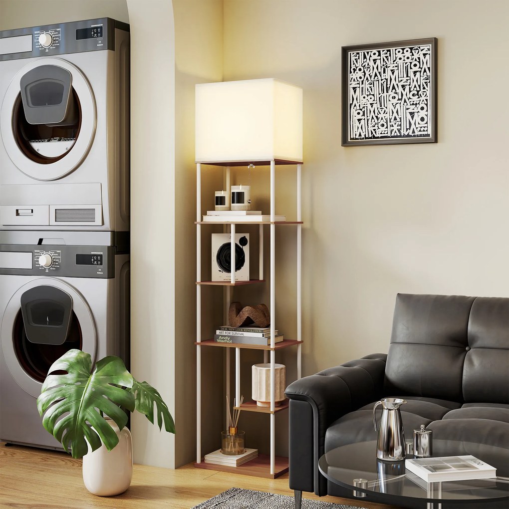 HOMCOM Lampă de podea cu rafturi Temperaturi de culoare reglabile 3000K-6500K Telecomandă Bec E27 Lemn natural | Aosom Romania