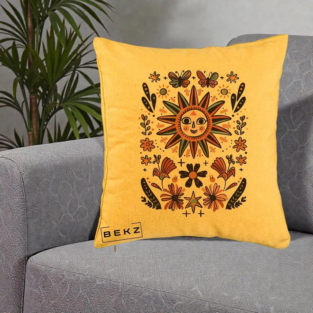 Perna Decorativa Soare Boho Folk Fluturi, 40x40 cm, Galben, Husa Detasabila, Perna Inclusa, BEKZ®