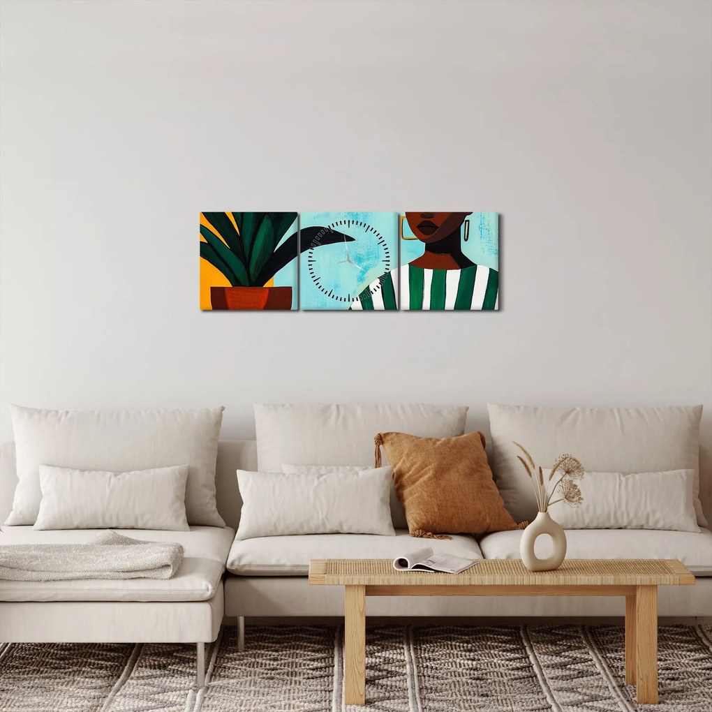 Tablou - Femeie cu floare (cu ceas) (90x30 cm)