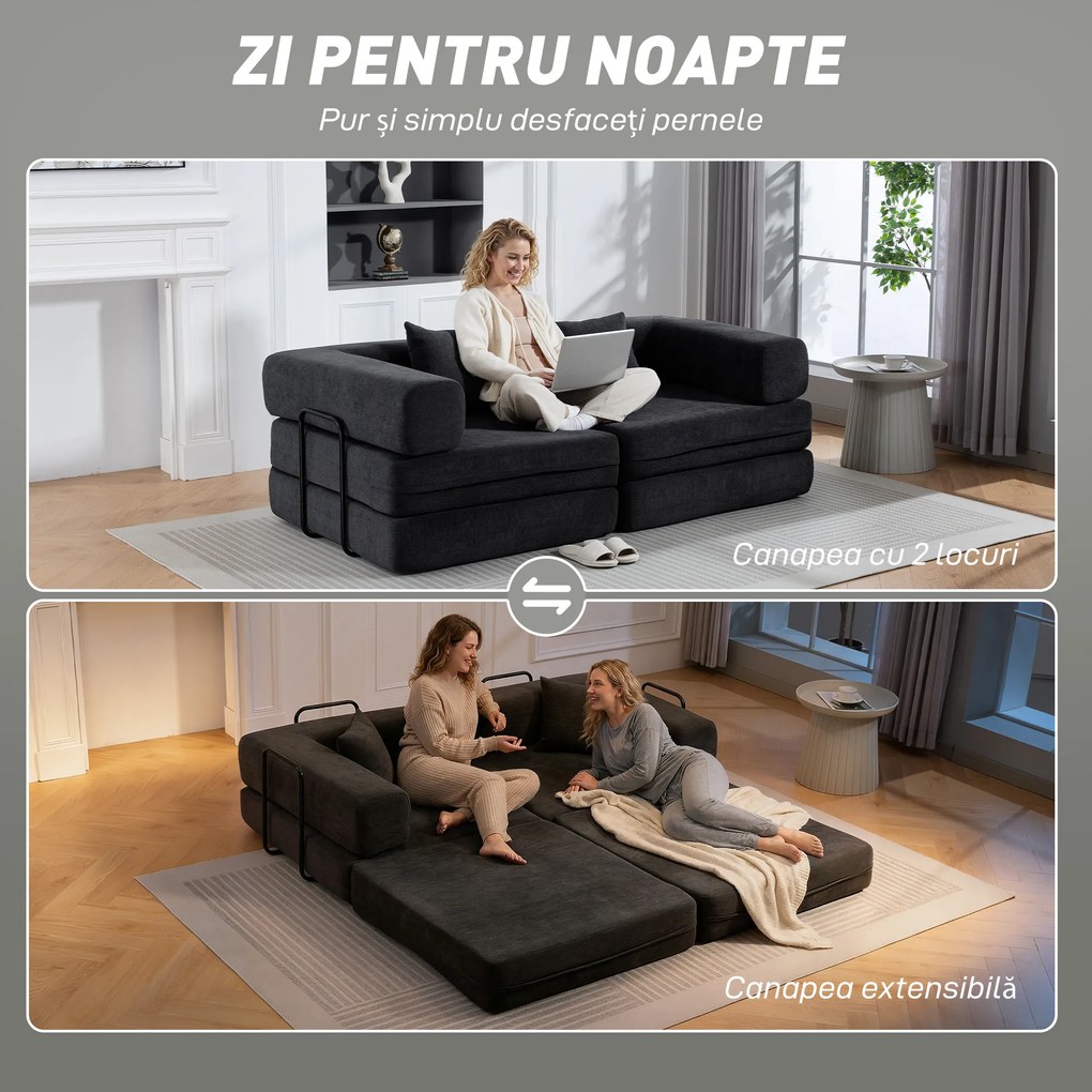 HOMCOM Canapea extensibilă 2 locuri pliabilă din chenille, cu 2 perne, brațe late, fără montaj, gri închis | Aosom Romania