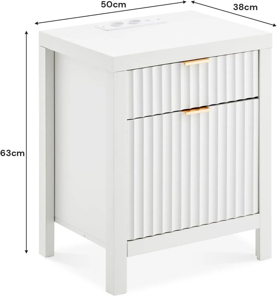 NOA72 - Set 2x Noptiere 50 cm, cu 2 sertare, Priza, USB si USB-C, dormitor - Alb