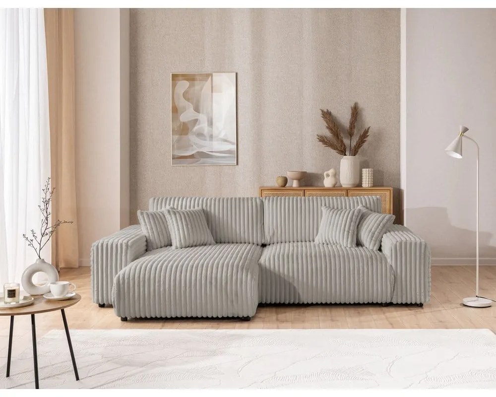 Colțar gri deschis extensibil, cu spațiu de depozitare, cu tapițerie din catifea reiată (cu colț pe partea stângă) Sarina – Ropez