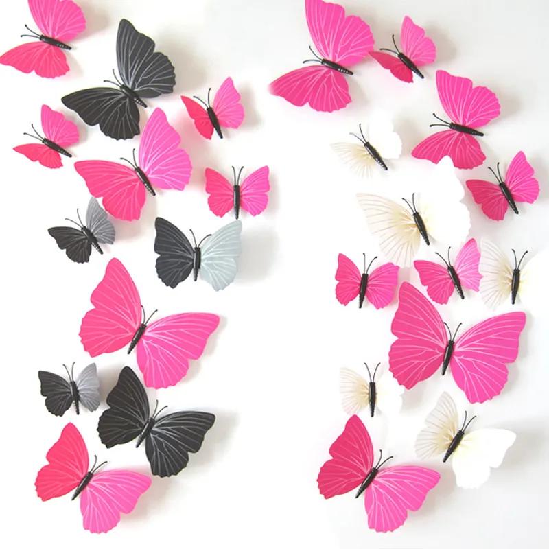 Autocolant de perete "Fluturi 3D din plastic - roz" 12buc 6-12 cm