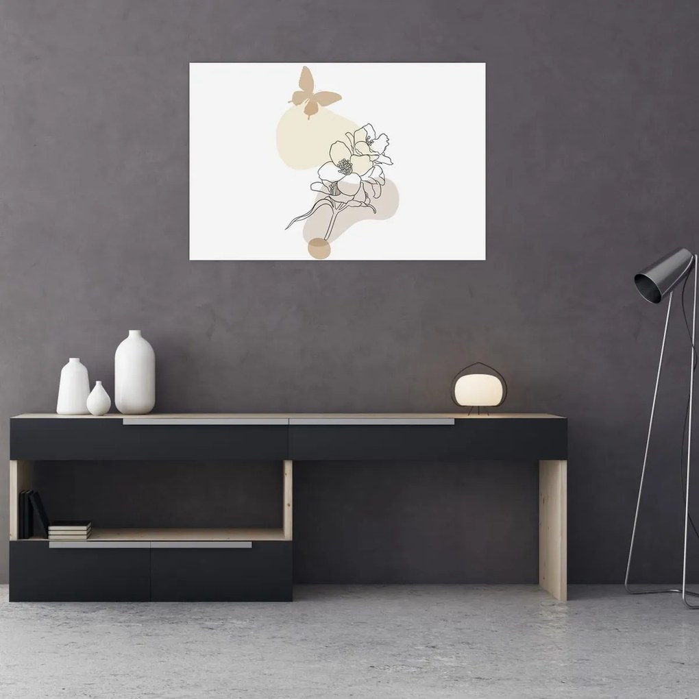 Tablou - Flori bej cu fluture N⁰3 (90x60 cm)
