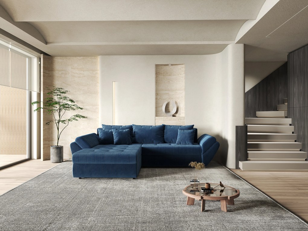 Colțar extensibil dumonde cu ladă de depozitare si sezut confortabil din spuma high-density, Loana Zoom Blue 270x185 cm