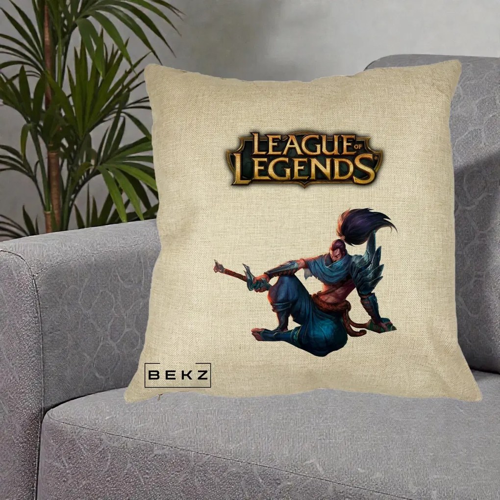 Perna Personalizata League of Legends Yasuo, 40x40 cm, Crem, Husa Detasabila, Perna Inclusa, BEKZ®