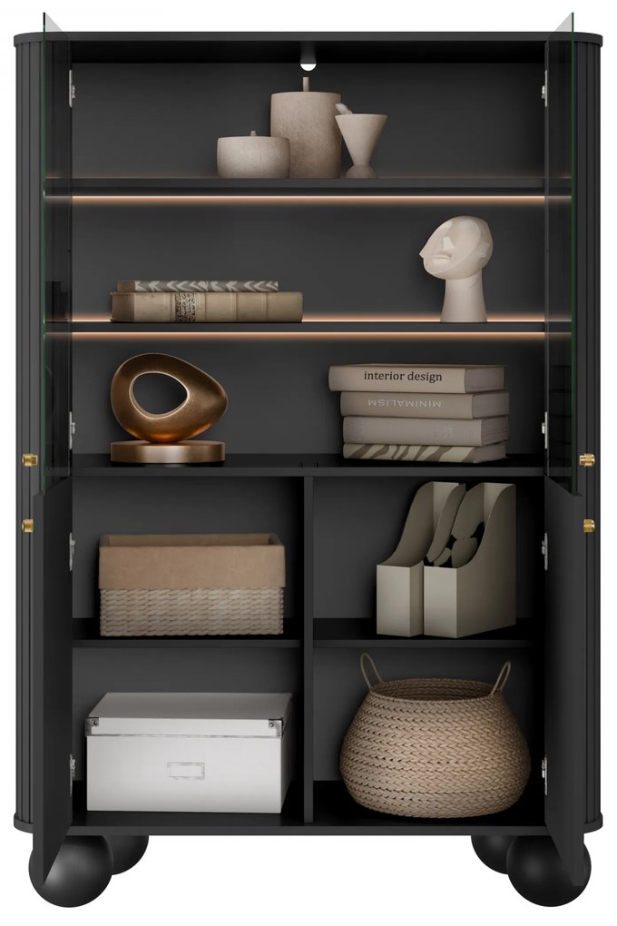 Vitrină cu patru uși Vesper 103 cm - negru / mânere aurii / picioare rotunde