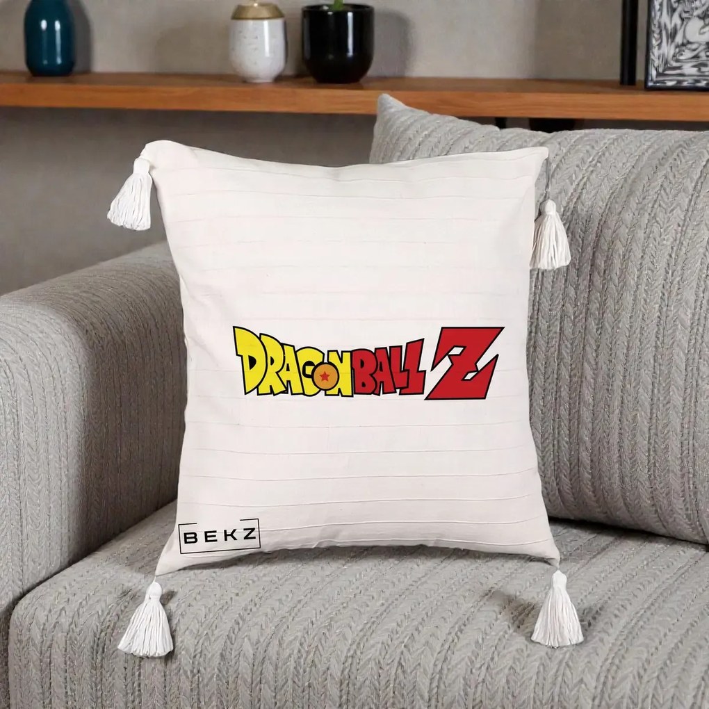 Perna Personalizata Dragon Ball Z Clasic, 40x40 cm, Bej cu Franjuri, Husa Detasabila, Perna Inclusa, BEKZ®