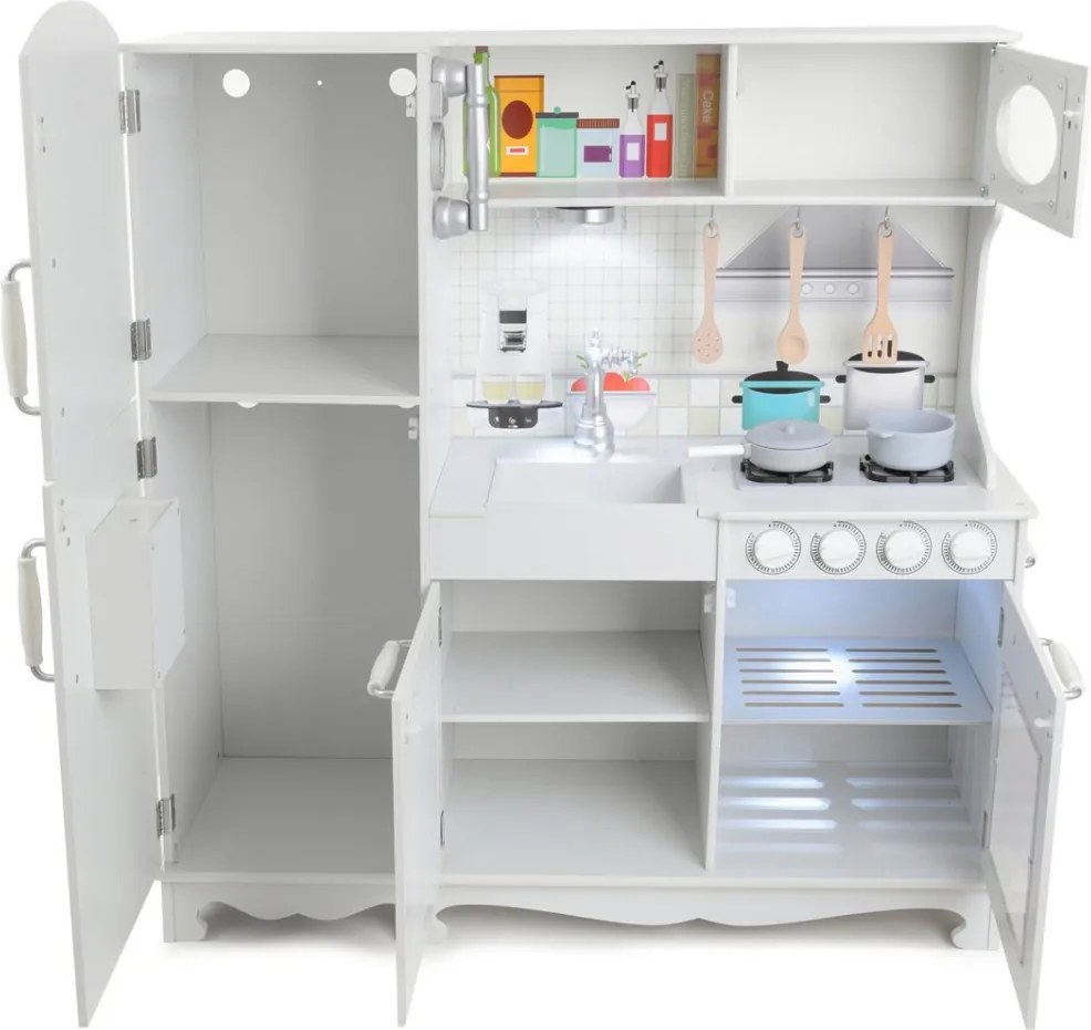 Bucătărie de jucărie din lemn pentru copii cu iluminare LED, accesorii și efecte sonore