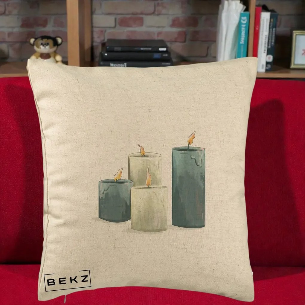 Perna Decorativa Lumanari Hygge Alb-Verde, 40x40 cm, Bej, Husa Detasabila, Perna Inclusa, BEKZ®