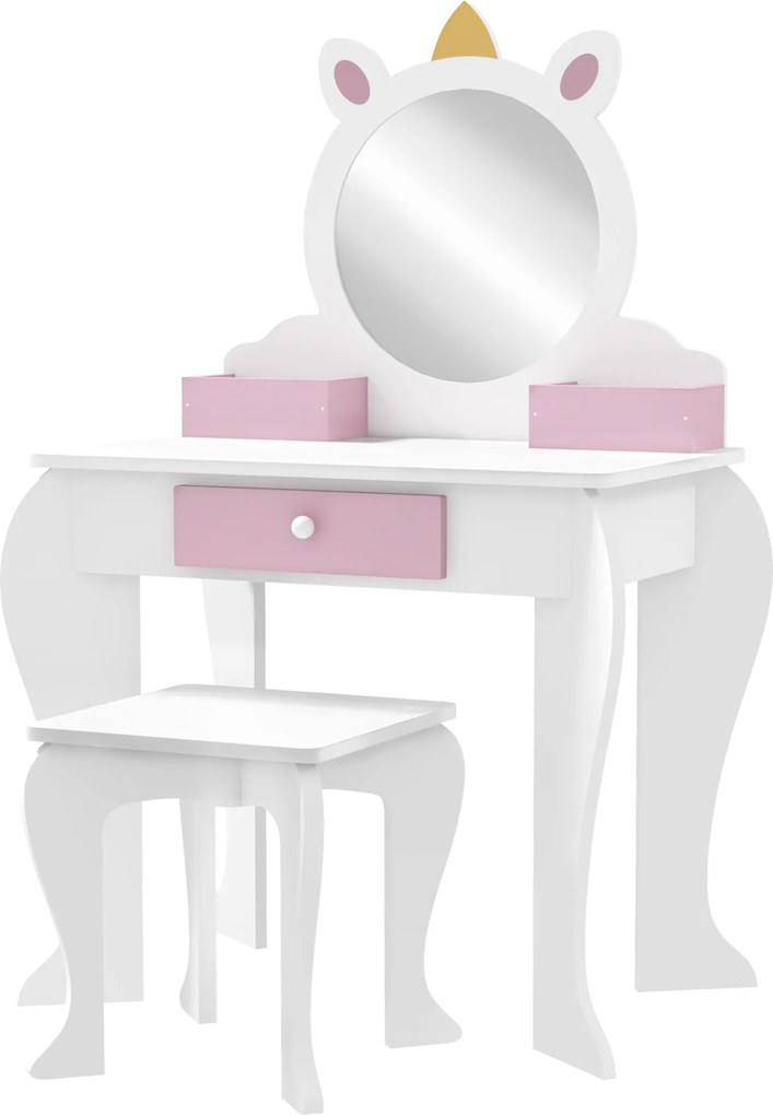 ZONEKIZ Set de Toaletă pentru Fete cu Taburet și Oglindă, Design Unicorn | Aosom Romania