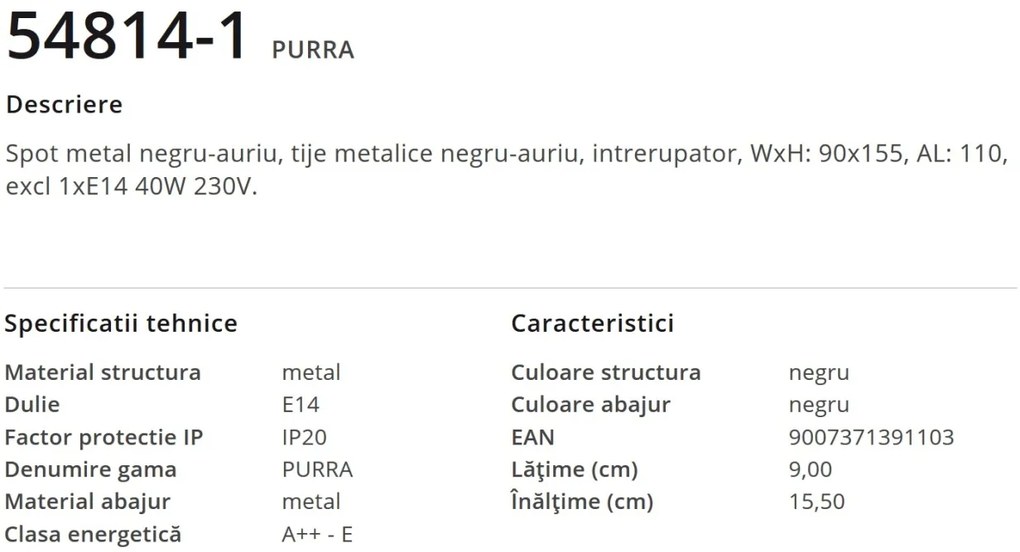 Aplica de perete metalica negru-aurie PURRA 54814-1 GL