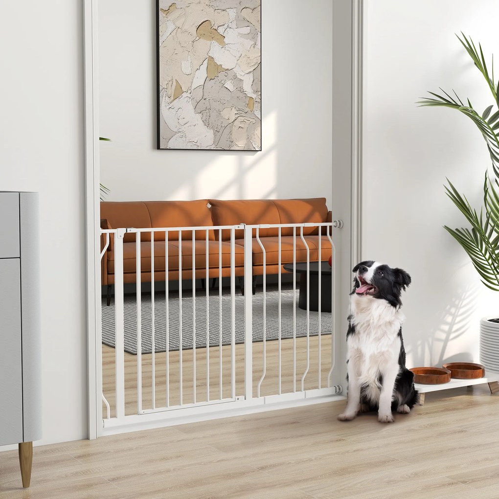 PawHut Poartă de Siguranță pentru Câini din Oțel și ABS, Poartă Extensibilă pentru Câini pentru Scări și Uși, 75-115 cm, Alb