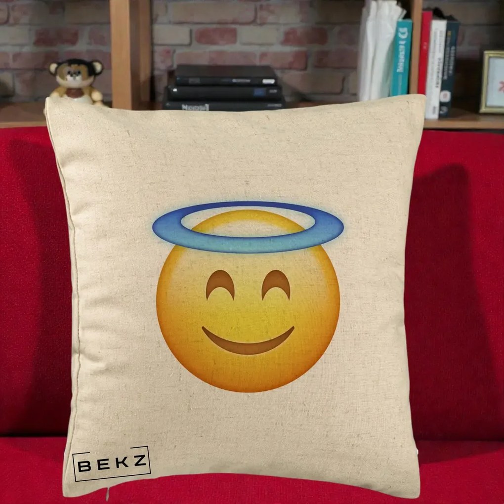 Perna Decorativa Emoji Inger cu Aureola, 40x40 cm, Bej, Husa Detasabila, Perna Inclusa, BEKZ®