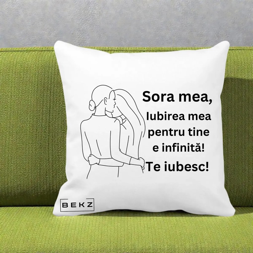 Cadou pentru Sora - Perna Personalizata Sora Mea Te Iubesc Imbratisare din Spate Line Art, 40x40 cm, Alba Mata, Husa Detasabila, Perna Inclusa, BEKZ®