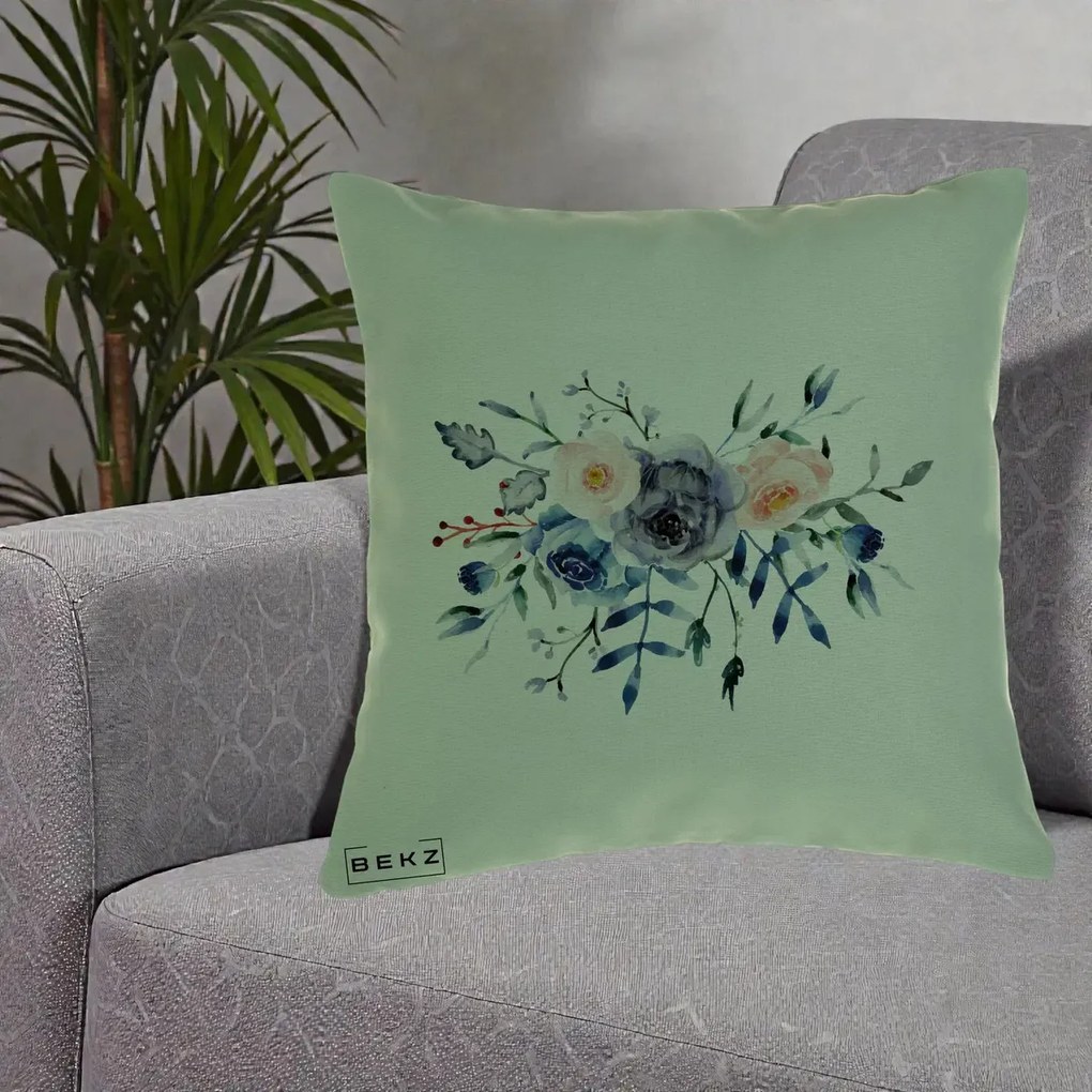 Perna Decorativa Buchet Flori Albastre Acuarela, 40x40 cm, Verde, Husa Detasabila, Perna Inclusa, BEKZ®