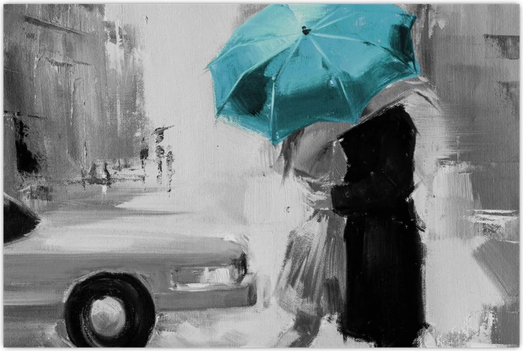 Tablou - Cuplu în dragoste cu umbrelă, albastru (90x60 cm)
