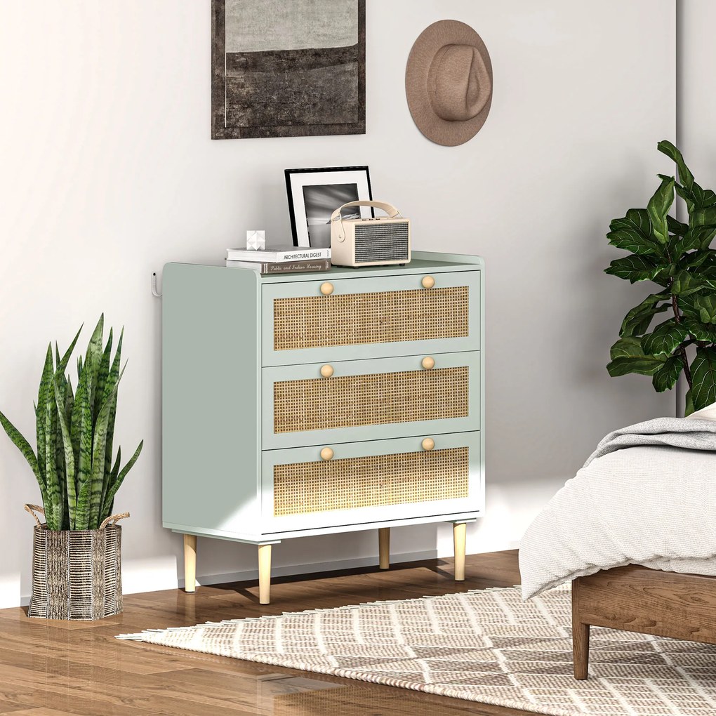 HOMCOM Comodă design boho din ratan cu 3 sertare, mobilier de depozitare pentru living, hol, intrare, verde măsliniu | Aosom Romania