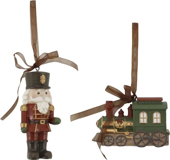 Set 2 ornamente decorative din rășină pictată manual, spărgător de nuci și locomotivă, 10x3 cm, „Noël"