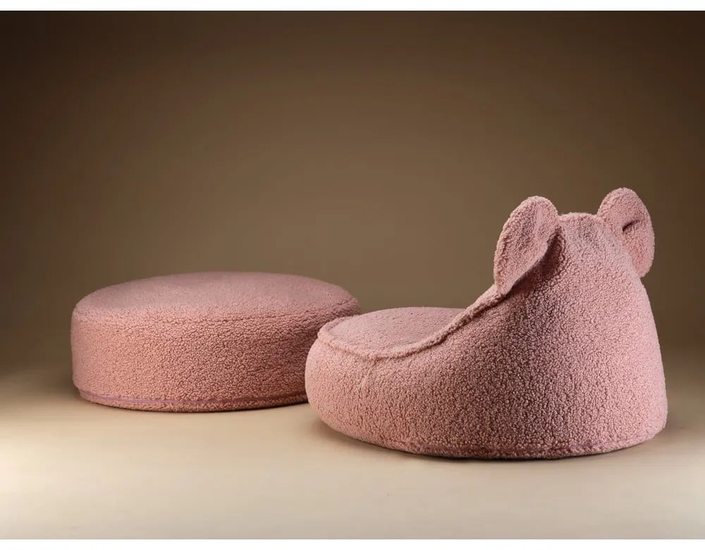 Fotoliu puf pentru copii roz cu tapițerie din țesătură bouclé Bear – Wigiwama