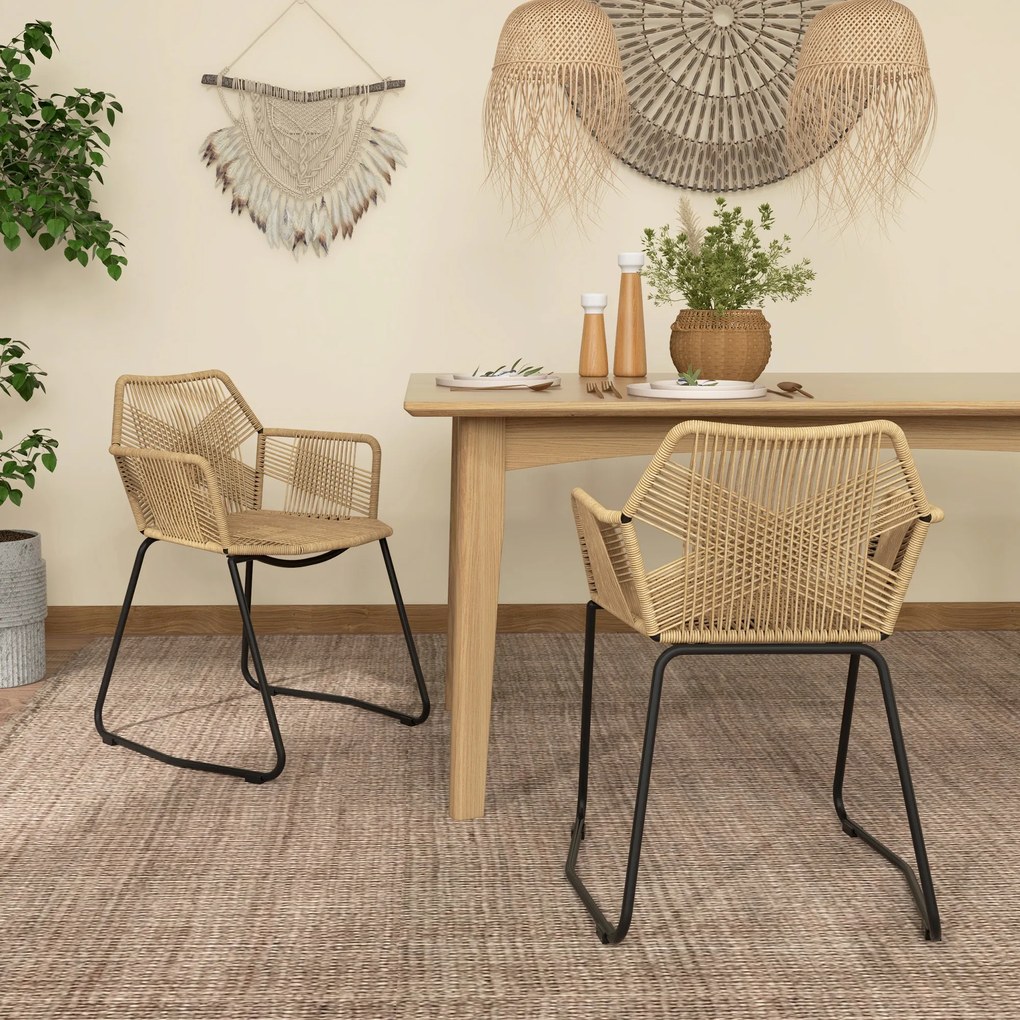 HOMCOM Set 2 Scaune PE Rattan, Scaune de Bucătărie, Scaune de Bucătărie cu Spătar Jos și Cotiere pentru Interior, 56x59x74 cm, Galben | Aosom Romania