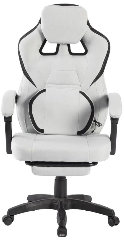Scaun gaming, suport lombar cu masaj, rabatabil 90°-135°, suport picioare, material textil respirabil, Gri deschis