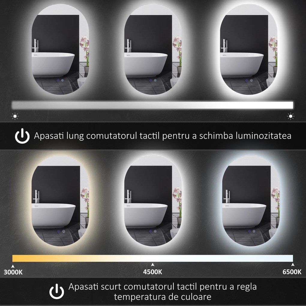 kleankin Oglindă de Perete cu Lumină LED în 3 Culori și Funcție Anti-Aburire, 81x51x4.5 cm, Transparent | Aosom Romania