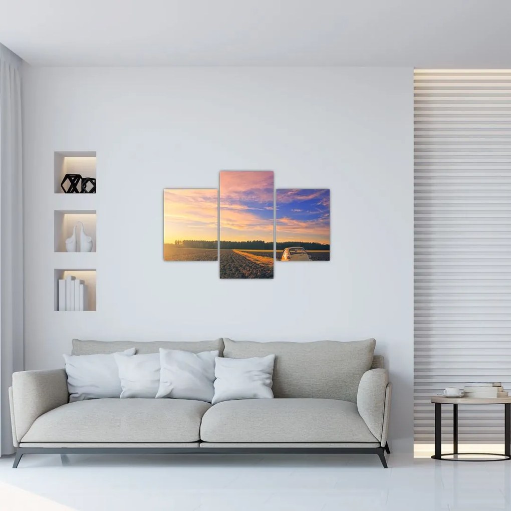 Tablou - Mașină galbenă ăn câmp (90x60 cm)