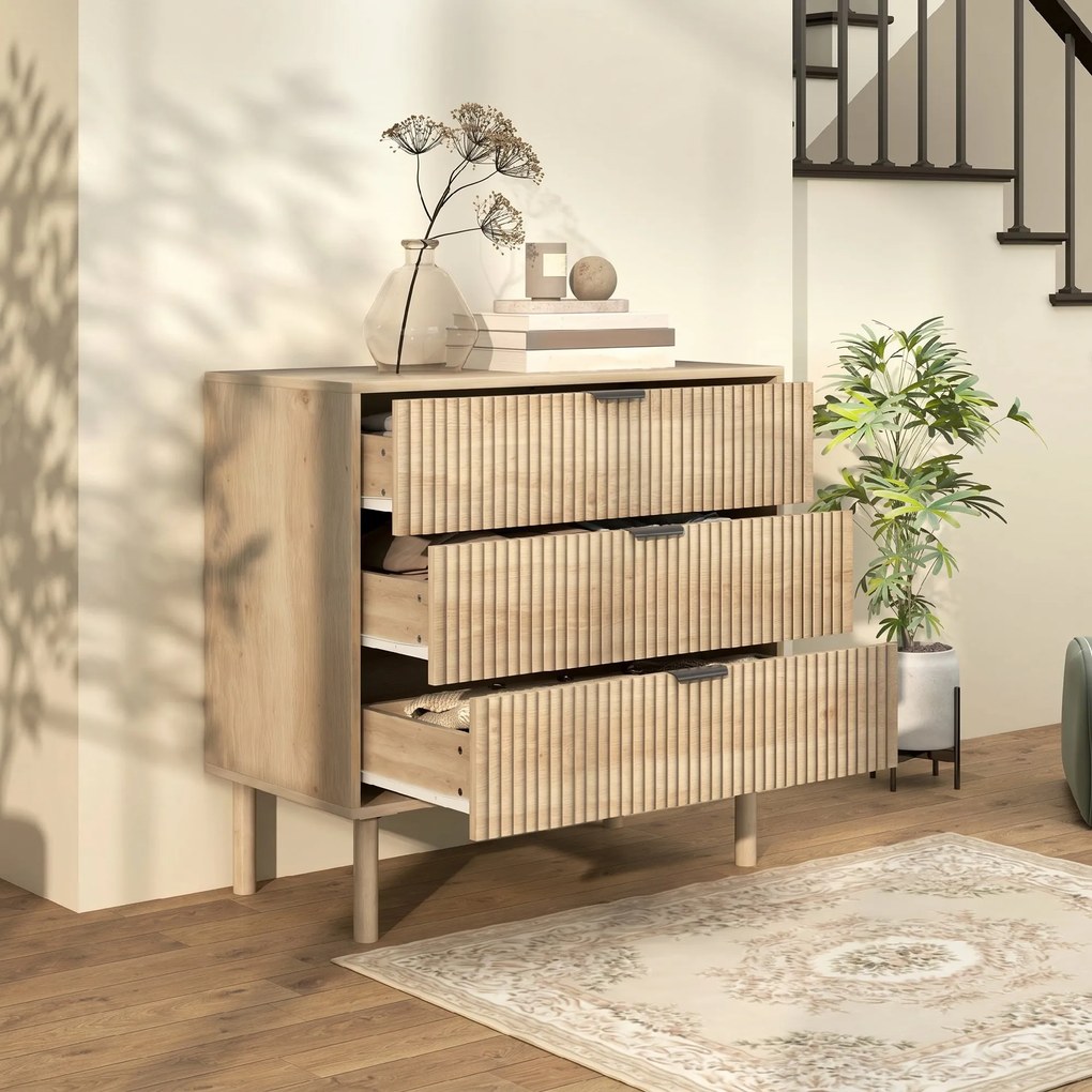 HOMCOM Comodă cu 3 Sertare, Picioare din Lemn Masiv și Design Canelat, 80x40x77,5 cm, Lemn Natural | Aosom Romania
