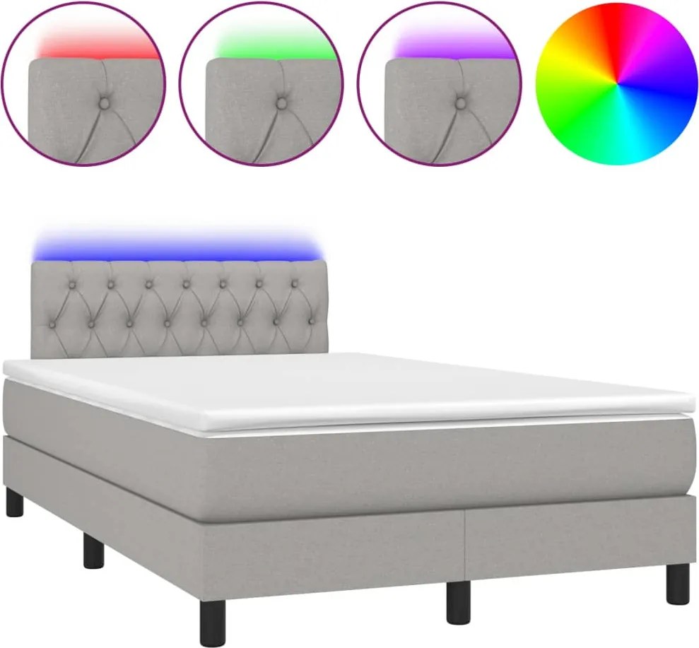 vidaXL Pat cu arcuri, saltea și LED, gri deschis, 120x190 cm, textil