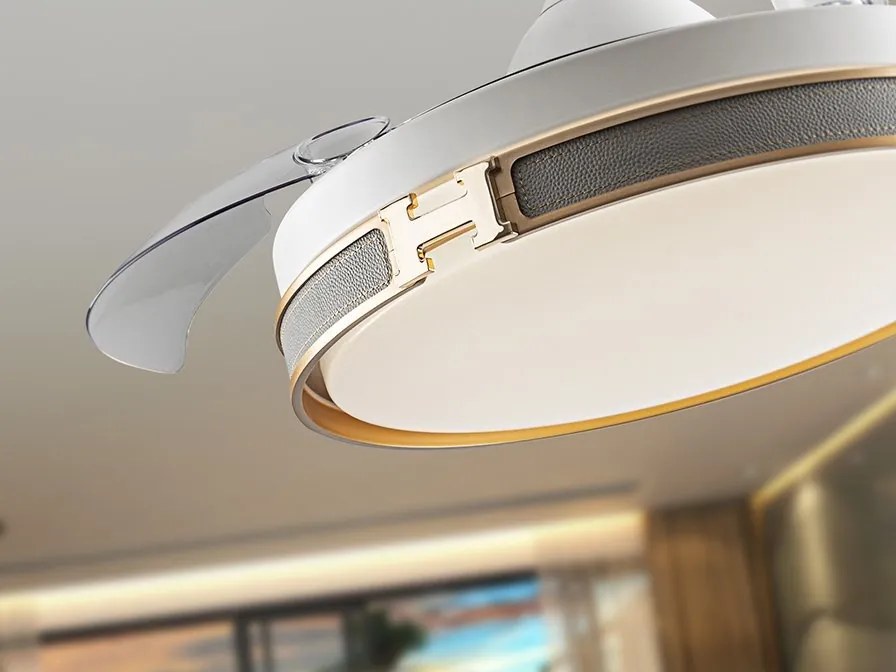 Lustra LED cu Ventilator si telecomanda, lame retractabile HERON alb/auriu