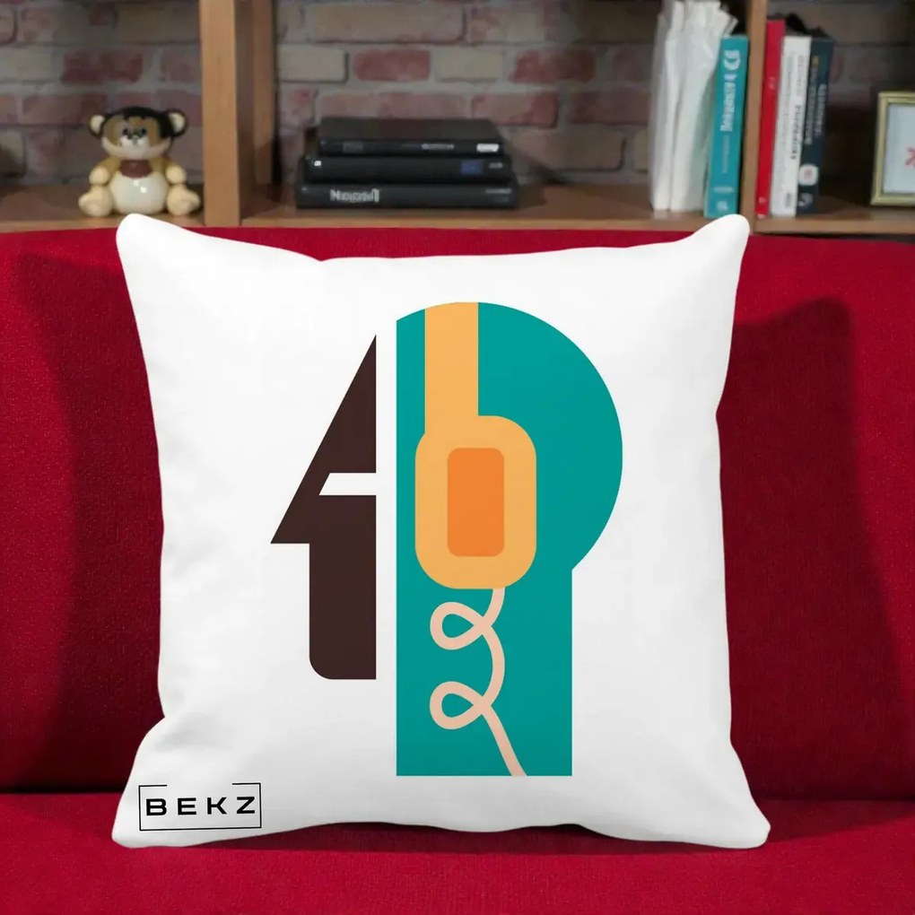 Perna Personalizata Retro Casti Muzicale, 40x40 cm, Alba Mata, Husa Detasabila, Perna Inclusa, BEKZ®