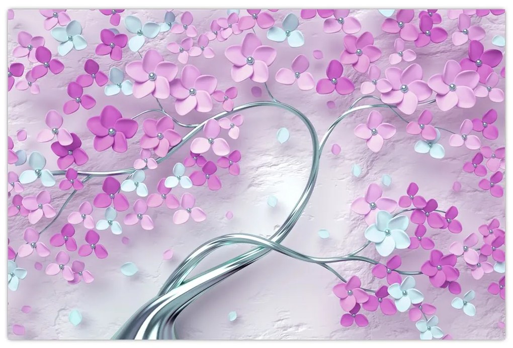 Tablouri cu flori pe trunchi argintiu - abstract (90x60 cm)
