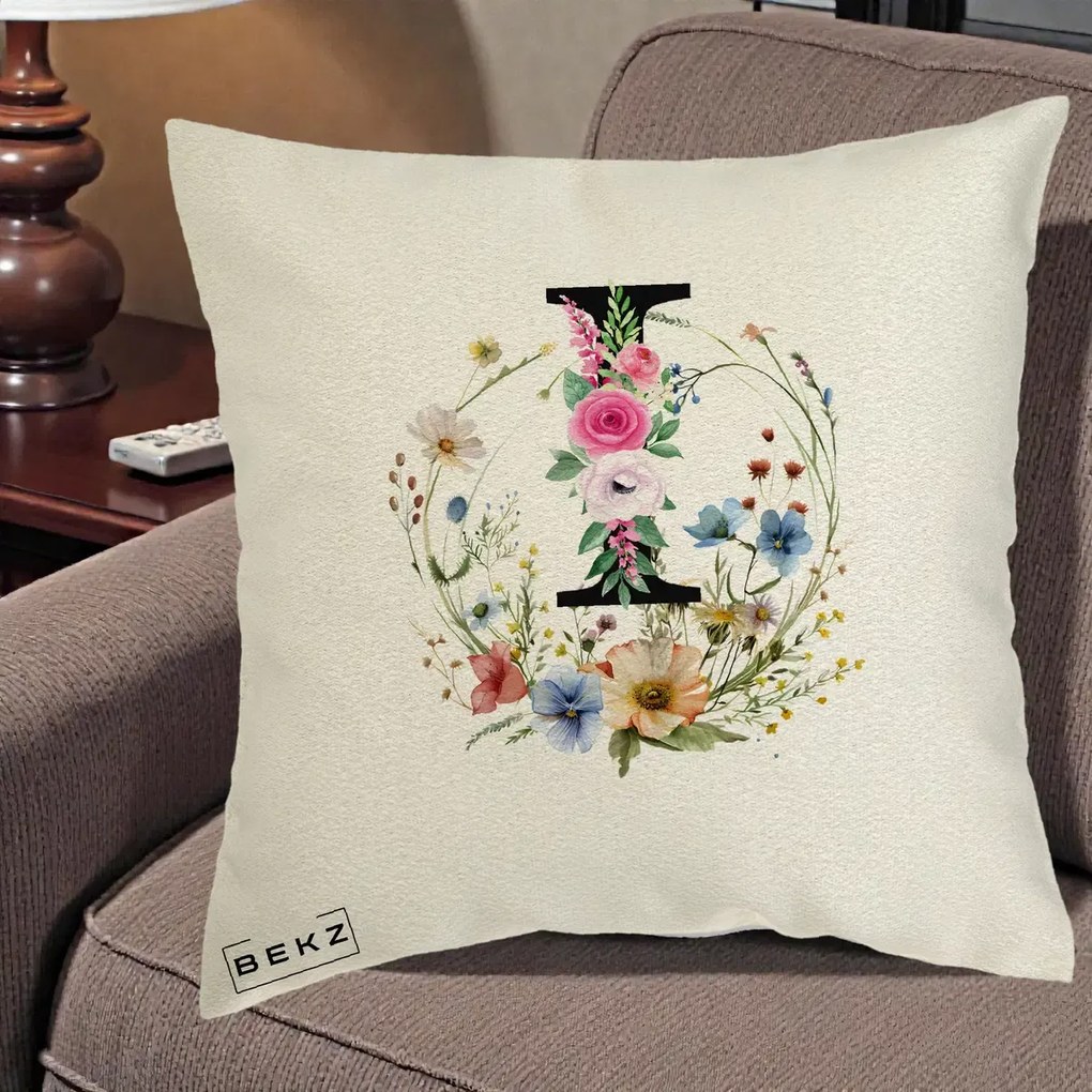 Cadou Personalizat - Perna Personalizata Monogram Litera I cu Flori Acuarela, 40x40 cm, Ecru, Husa Detasabila, Perna Inclusa, BEKZ®