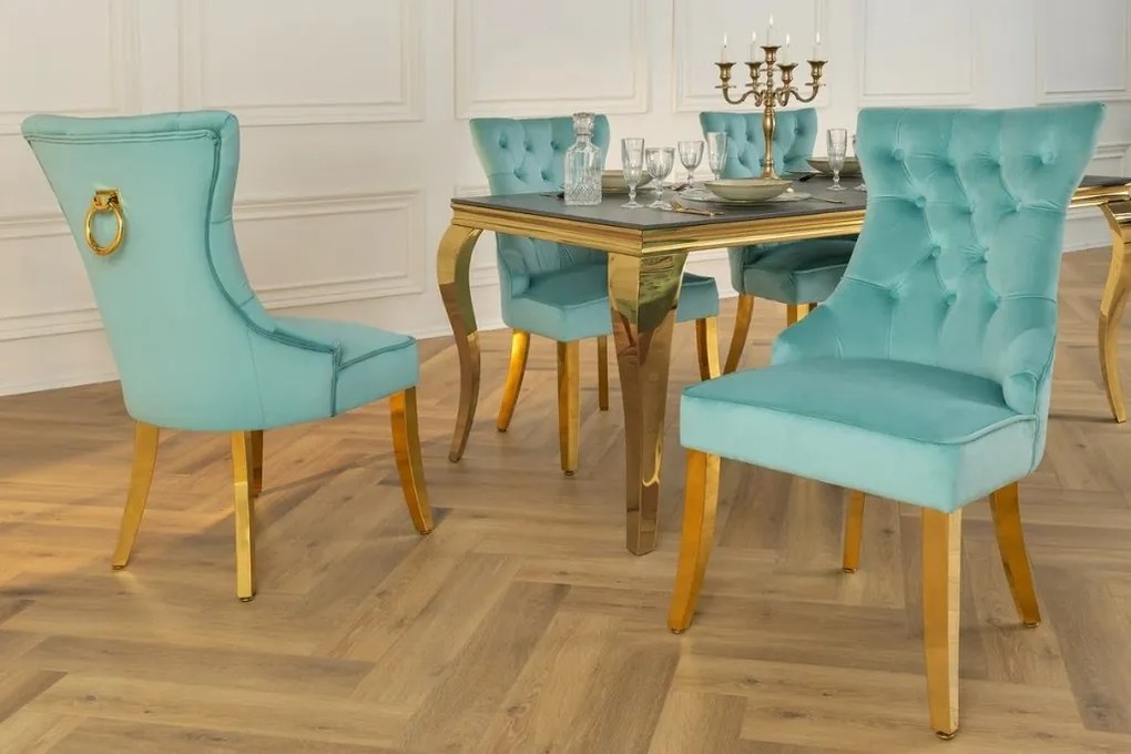 Set 2 scaune Stil Baroc, Catifea, Albastru Deschis, Metal, Auriu, Castle