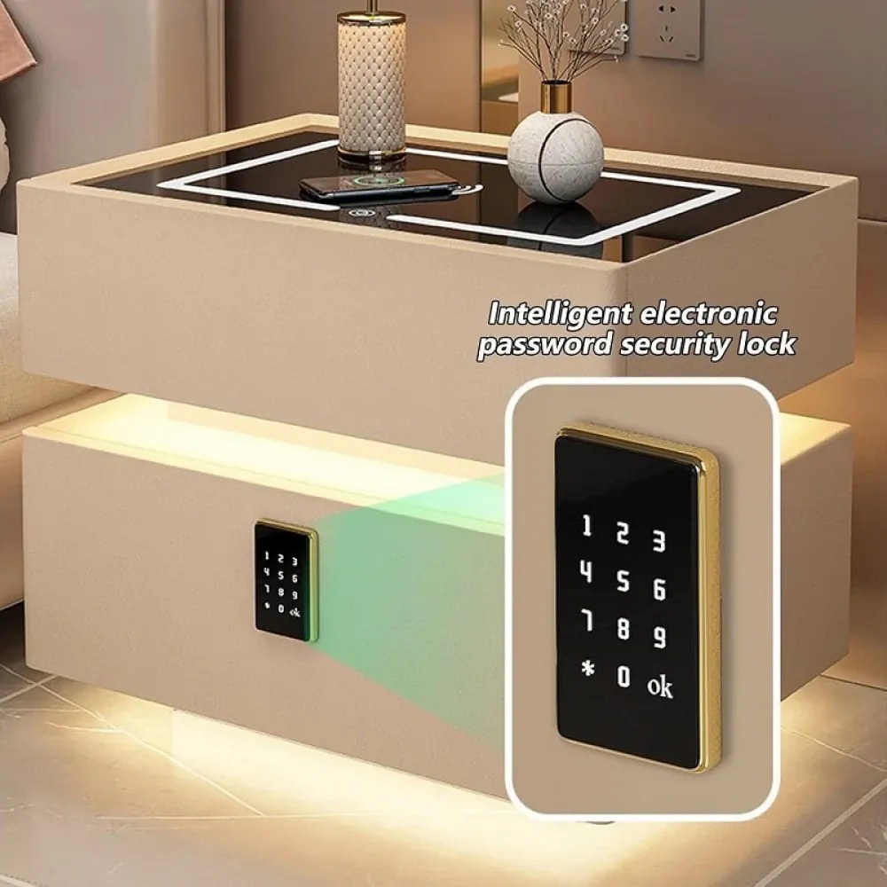 RESIGILAT- Noptieră inteligentă multifuncțională, sertar tip seif cu blocare cu parolă, încărcare Wireless, difuzor Bluetooth, iluminare LED touch în 3 culori, Gri