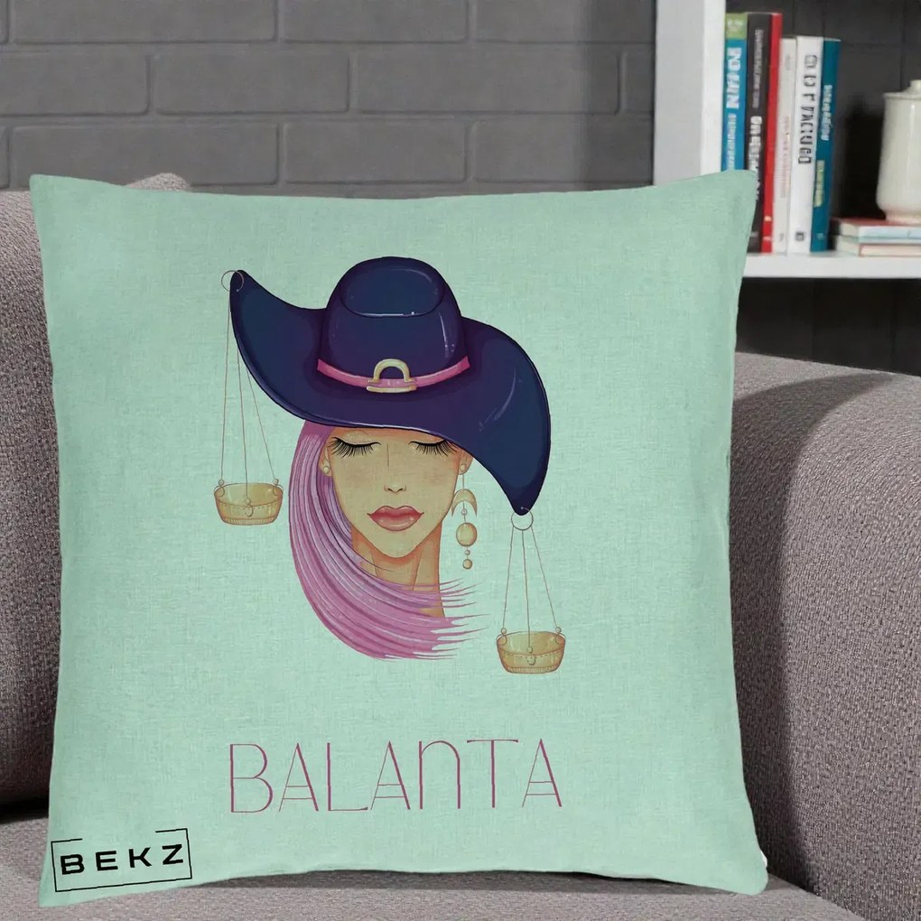 Perna Personalizata Zodiac Balanta Cowgirl, 40x40 cm, Verde Menta, Husa Detasabila, Perna Inclusa, BEKZ®